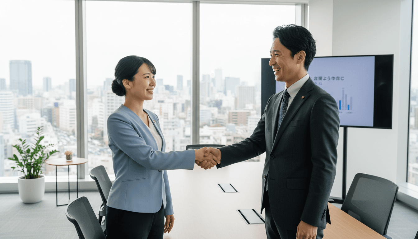クライアントと握手をする翻訳者の様子