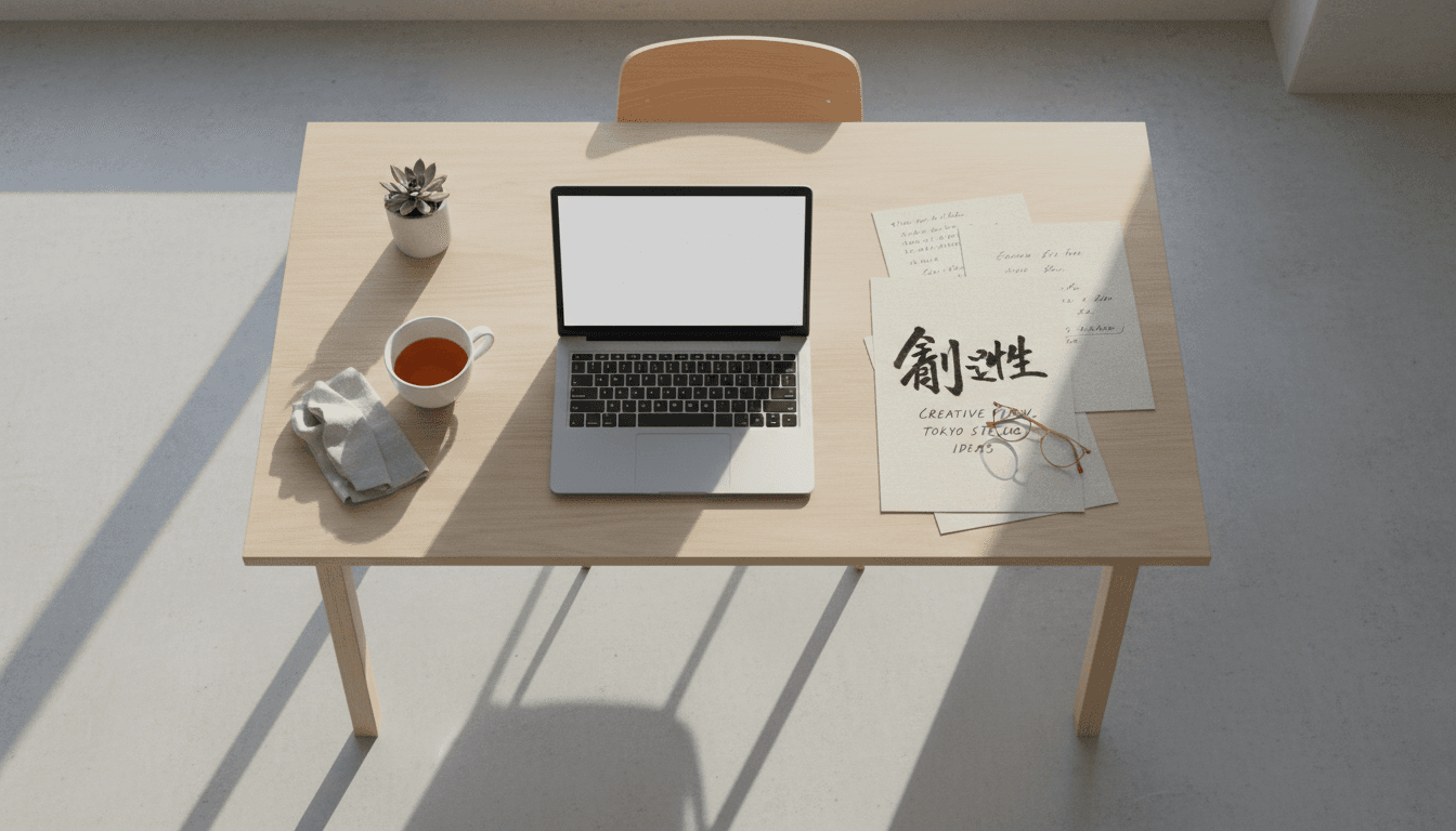 Tokyoのスタジオで、日本語と英語のメモとともに作業するクリーンなデスク