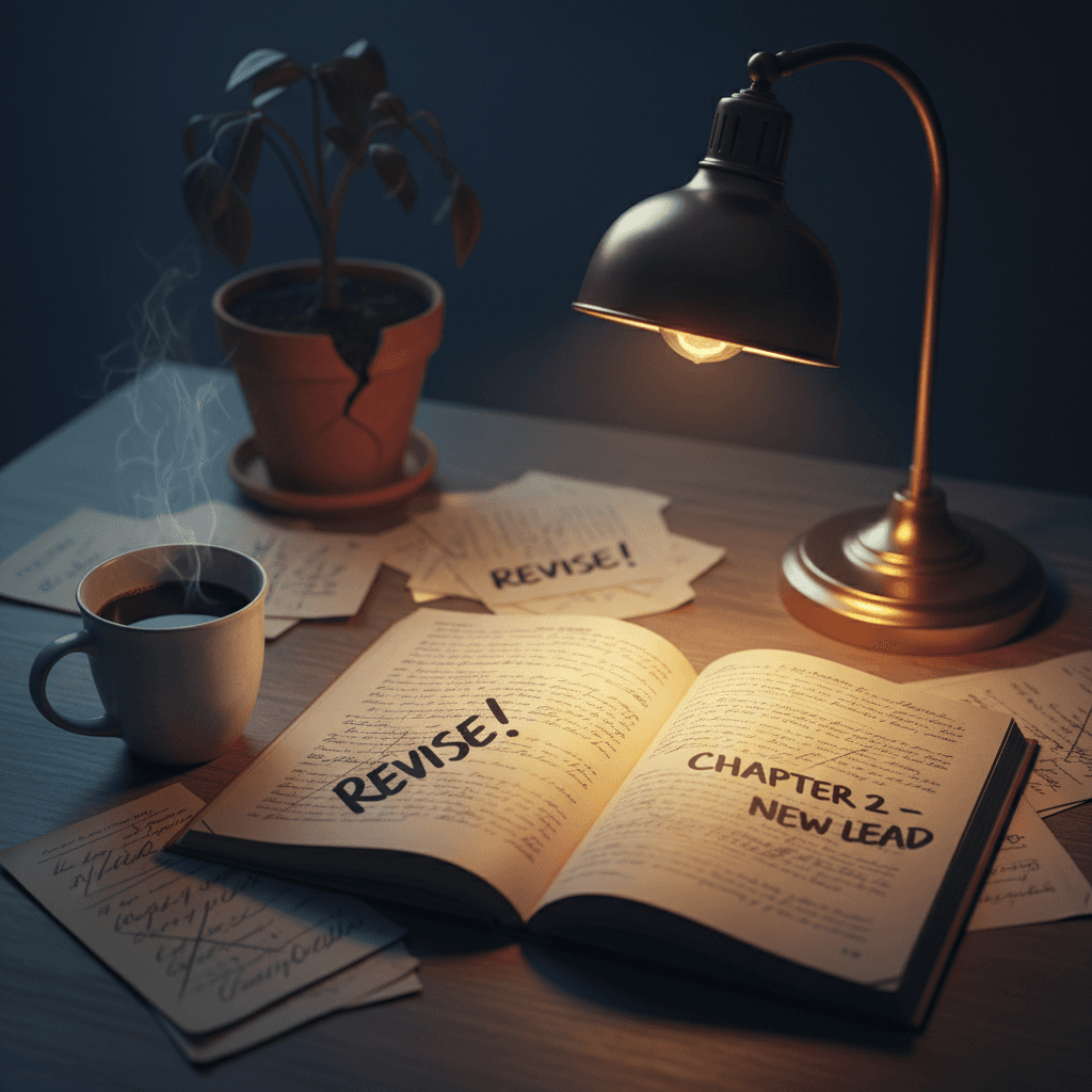 Handwritten copy drafts and a coffee cup on a writer's desk